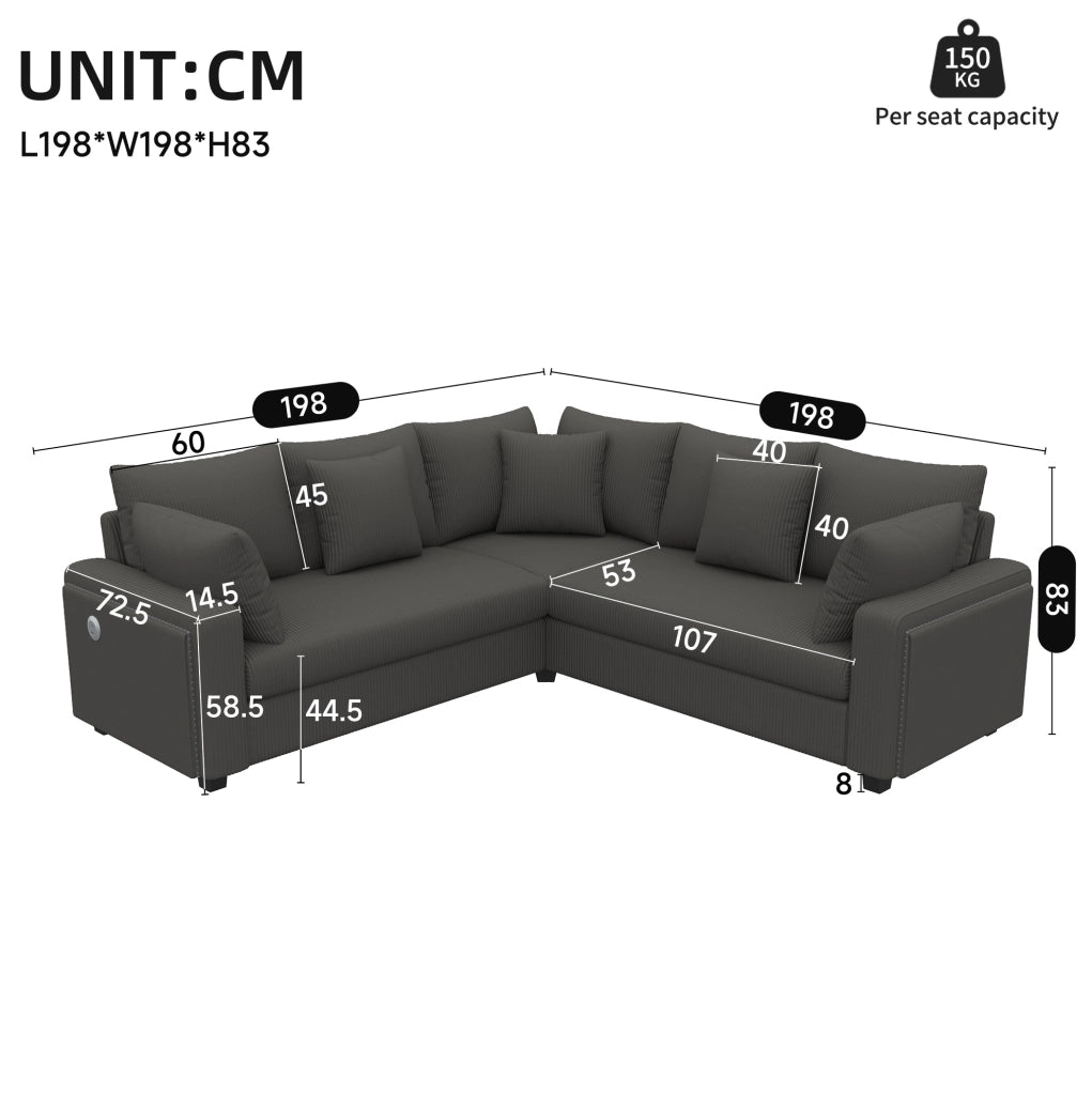 Divano angolare modulare con LED Bluetooth; USB e USB-C; in velluto a coste grigio; 198×198 cm
