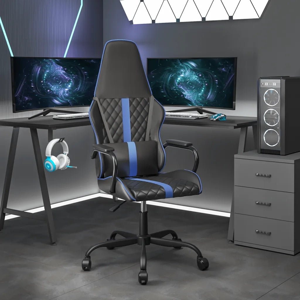 Sedia da Gaming | Sedia da e-sports Massaggiante Blu e Nero in Similpelle