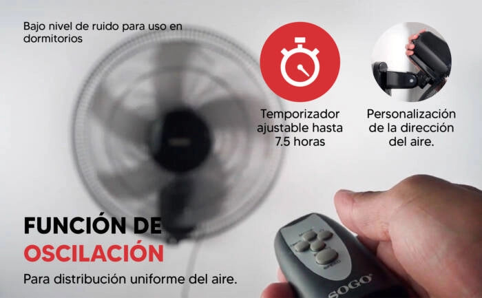 Ventilatore da parete 40 cm con oscillazione, 3 velocità e 5 pale 50W con tiranti comando e inclinazione regolabile - Sogo