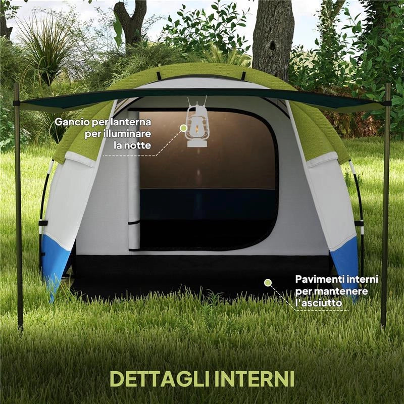TENDA DA CAMPEGGIO IMPERMEABILE CON 2 AREE E 3 INGRESSI IN POLIESTERE E FIBRA DI VETRO 420X200X150 CM VERDE