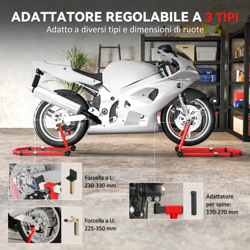 CAVALLETTO MOTO ANTERIORE E POSTERIORE CON CAPACITÓ 390 KG, FORCELLE A U E L, ROTELLE E CUSCINETTI ANTISCIVOLO, ROSSO