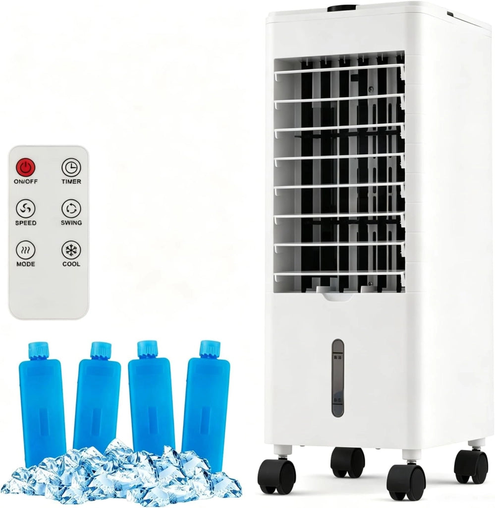 Condizionatore Portatile 3 in 1, Condizionatore d'aria Evaporativo portatile con Raffreddamento, Ventola e Umidificazione, 3 Velocità del Vento, 12H Timer, Doppio Serbatoio d'acqua(Bianco)