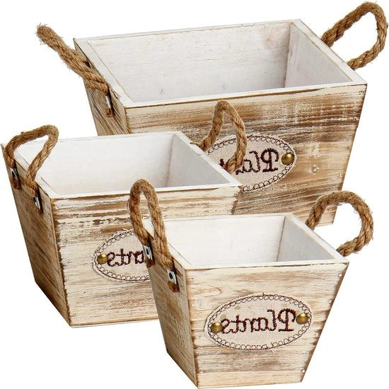 Set di contenitori per piante in legno trapezoidale - 3 pezzi in diverse misure per decorazione di tavolo e contenitori per piante di giardino fattoria