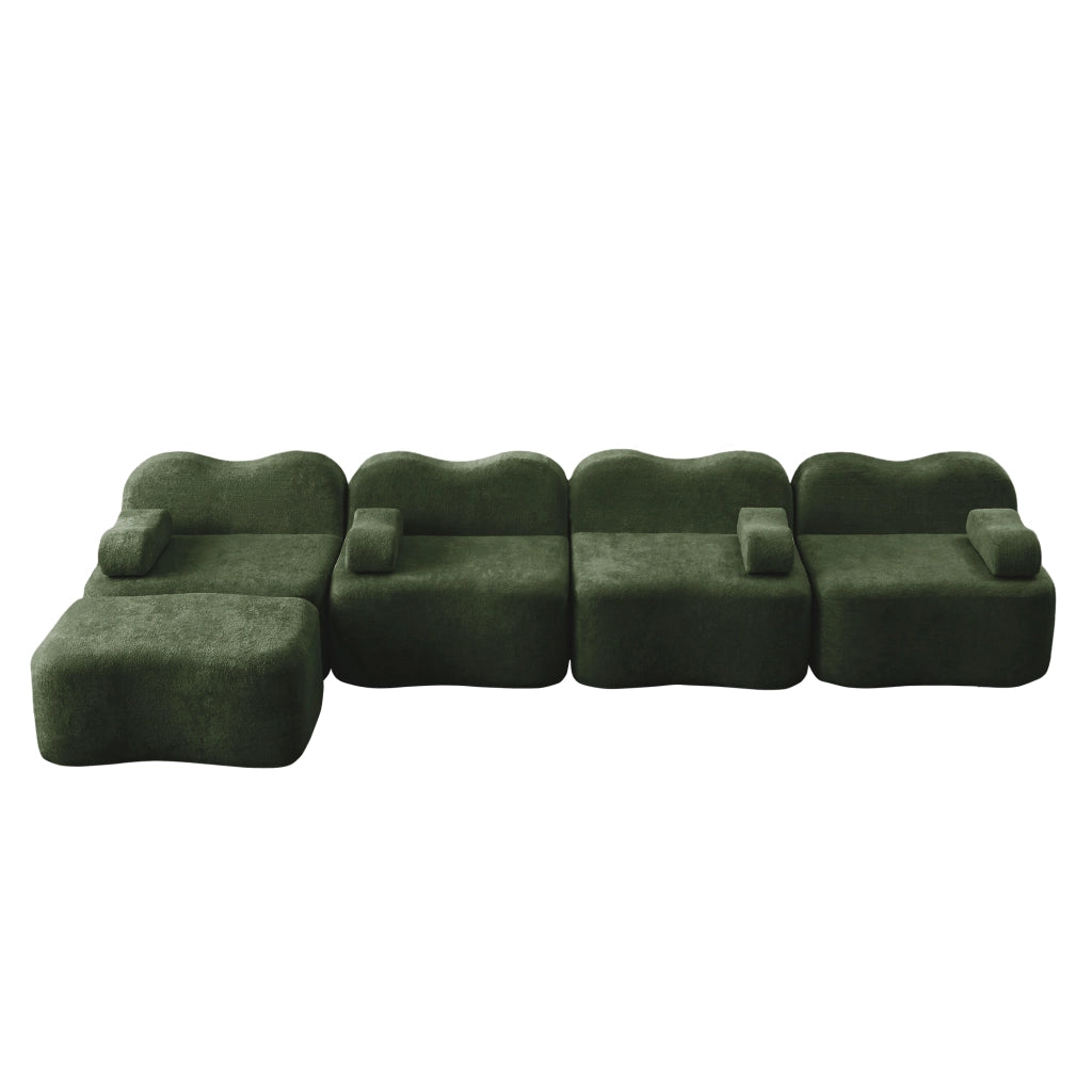 Divano angolare modulare 4 posti senza struttura con pouf, forma ondulata, per soggiorno e appartamento, in velluto verde