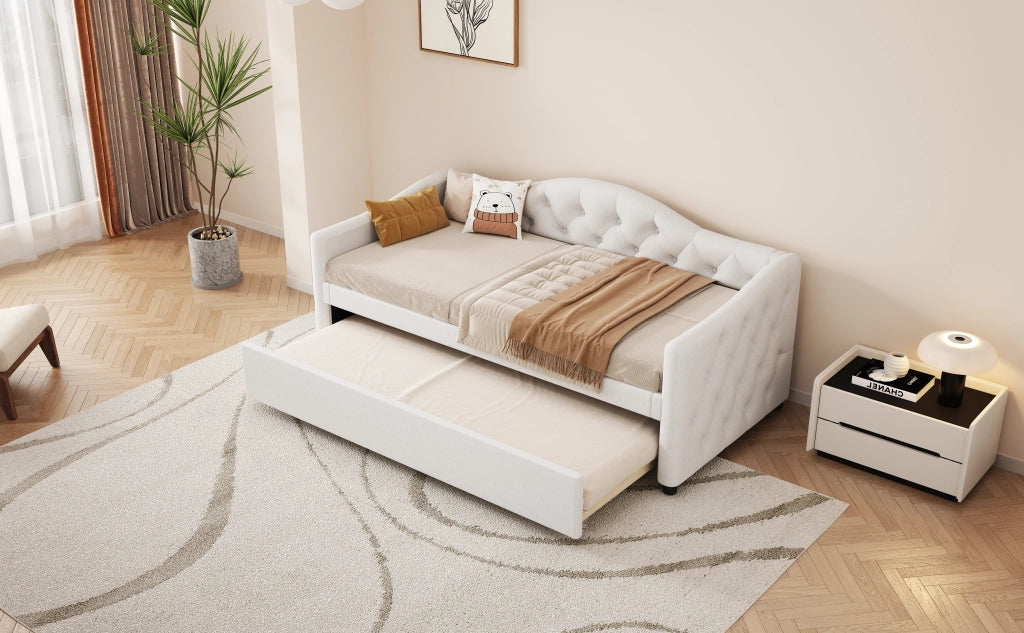 Divano letto allungabile di 90x200 cm colore beige rivestito in lino