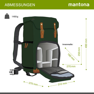 Mantona Luis Retro Zaino fotografico verde, per fotocamera con copertura antipioggia, borsa fotografica con scomparto per laptop, DSLR, 3 obiettivi e accessori fotografici