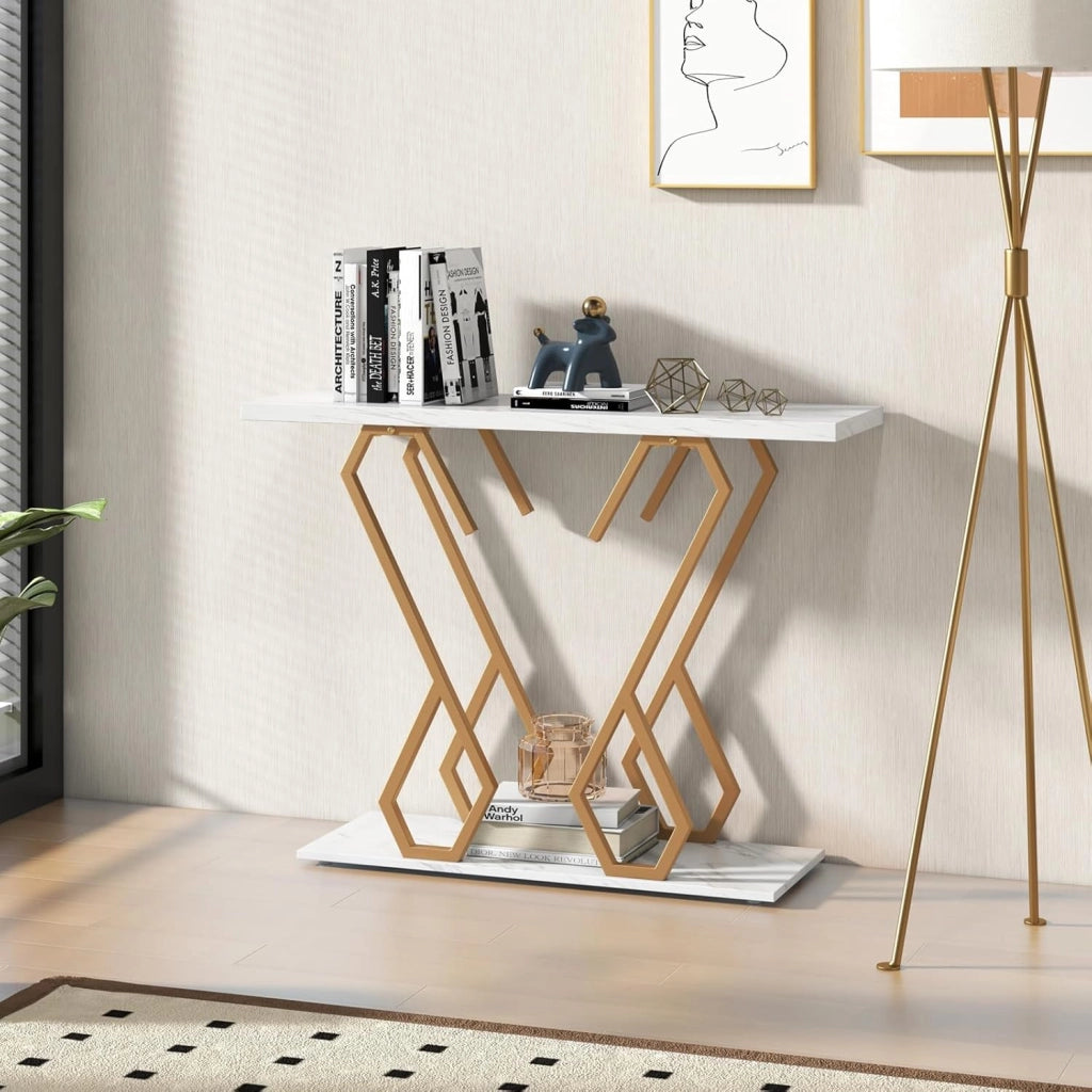 Consolle effetto marmo, tavolo da ingresso tavolo da ingresso struttura in metallo a forma di farfalla, tavolino stretto tavolino da caffè con 2 ripiani, credenza lunga, credenza da tavolo