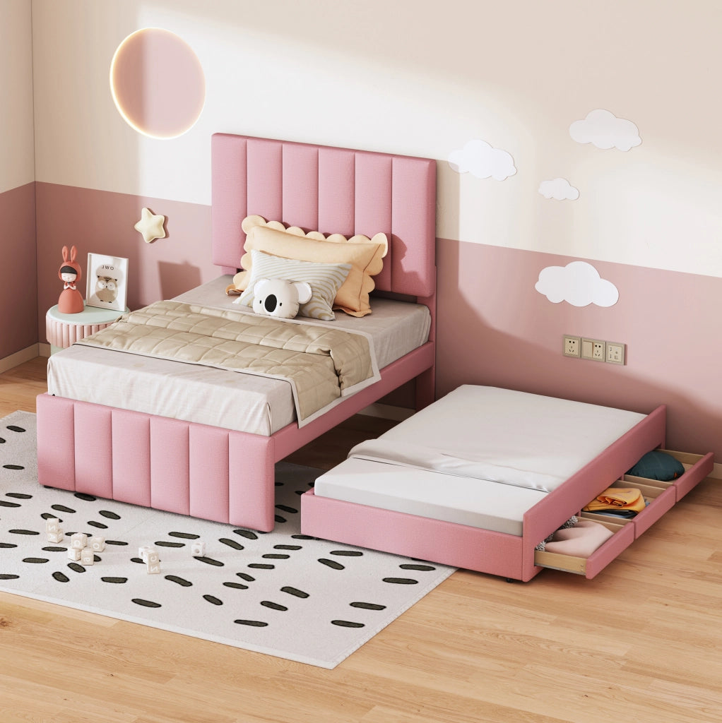 Letto imbottito con letto estraibile e 3 cassetti; 90x200 cm; rosa
