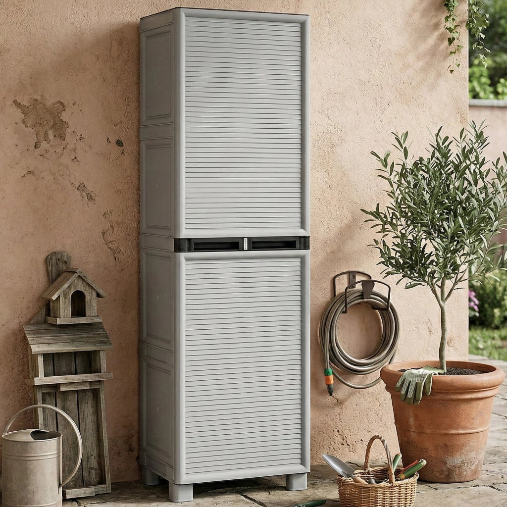 Armadio da spogliatoio per esterno o Gervasia, Mobile a 1 anta e 2 ripiani in polipropilene, 100% Made in Italy, cm 50x39h172, colore Grigio chiaro