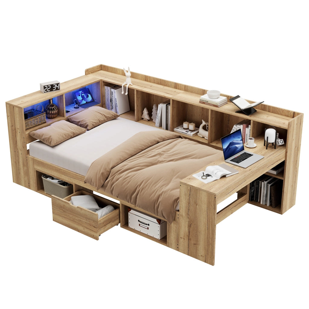 Letto Singolo con Scrivania e LED ¨C MINIMAL ¨C Legno, Contenitore, Cassetti, 90x200