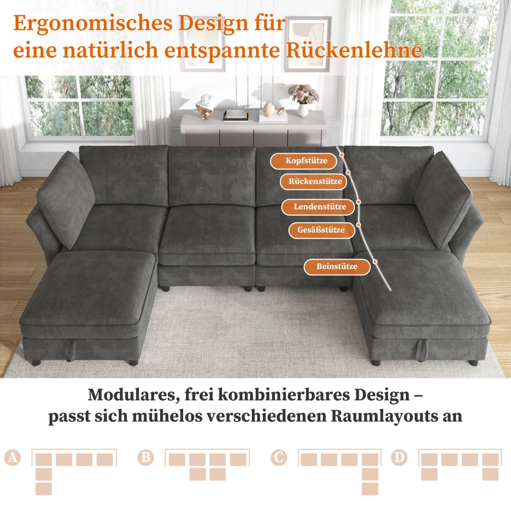 Divano angolare modulare con pouf contenitore e 2 cuscini in ciniglia grigio 6-7 posti per soggiorno 289 × 137 × 84 cm