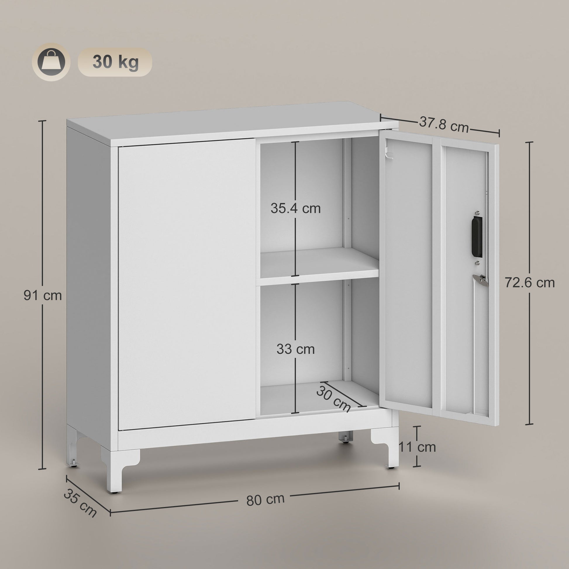 Armadietto Portadocumenti 80x35x91 cm con 2 Ante e Chiavi in Metallo Bianco
