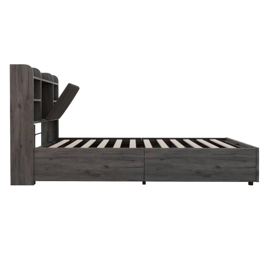 DESMIU Letto singolo 90 × 200 cm con contenitore idraulico, USB e Type-C, testiera con vani, senza materasso, in MDF, grigio