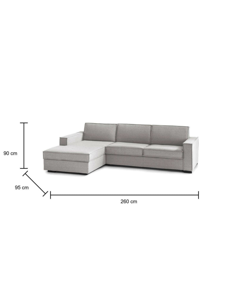 Divano fisso Sodalite, Divano ad angolo, Made in Italy, SofÒ  Soggiorno con, penisola contenitore Sinistra, con Braccioli slim, cm 260x95h90, Grigio