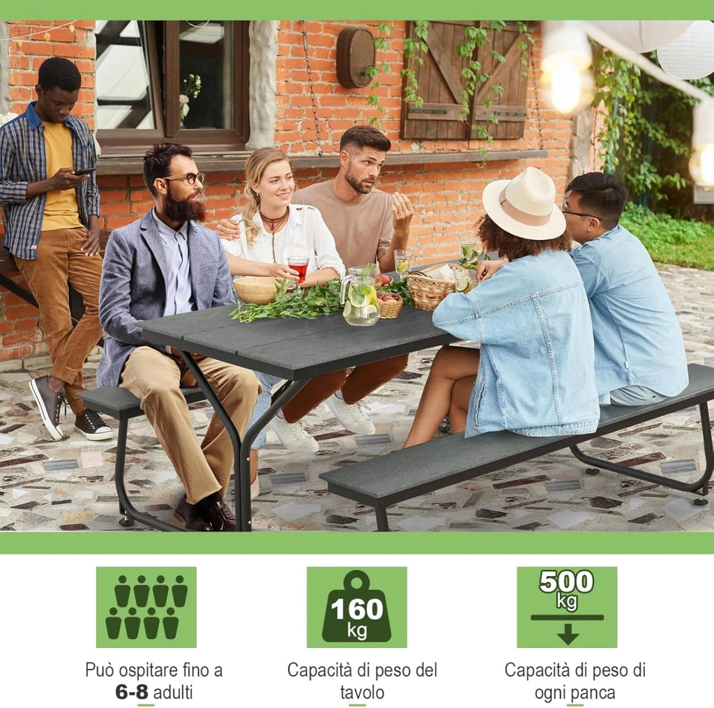 Tavolo da Pranzo 183 CM con 2 Panche per 8 Persone, Set da Picnic in Metallo e HDPE con Foro per Ombrellone, per Giardino Terrazzo (Grigio)