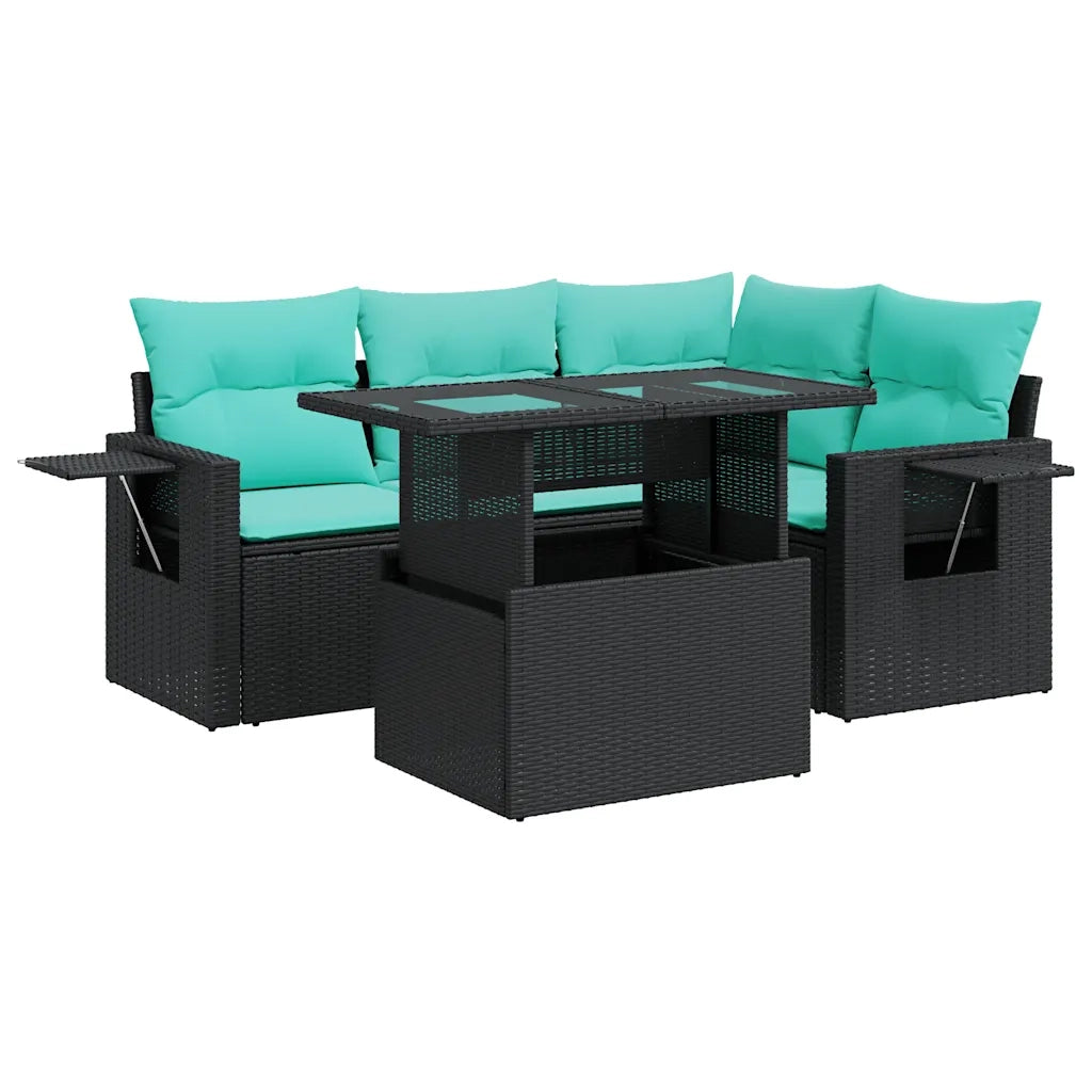 Set Divano da Giardino 5 pz Cuscini Nero Polyrattan e Acacia