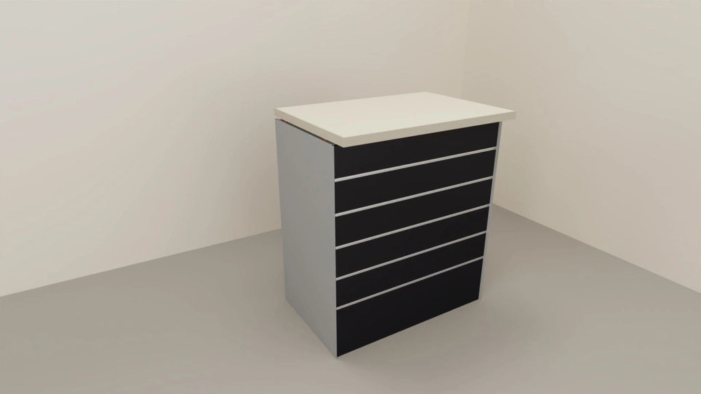 Bancone vendita dritto per negozio con pannello dogato frontale cm. 312x64x106h