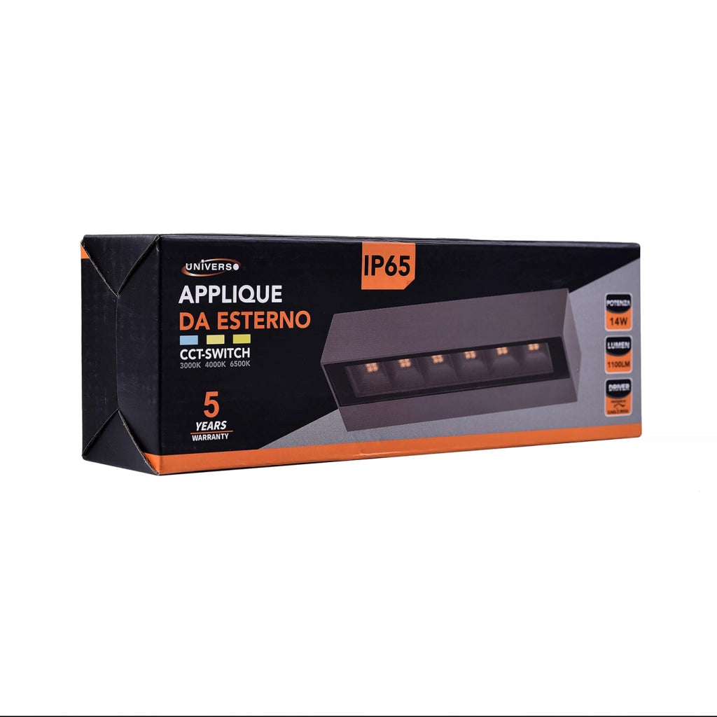 APPLIQUE LED DA ESTERNO 14W CON CCT SWITCH 3 TEMPERARURE COLORE - IP65 DESIGN RETTANGOLARE IN ALLUMINIO E VETRO