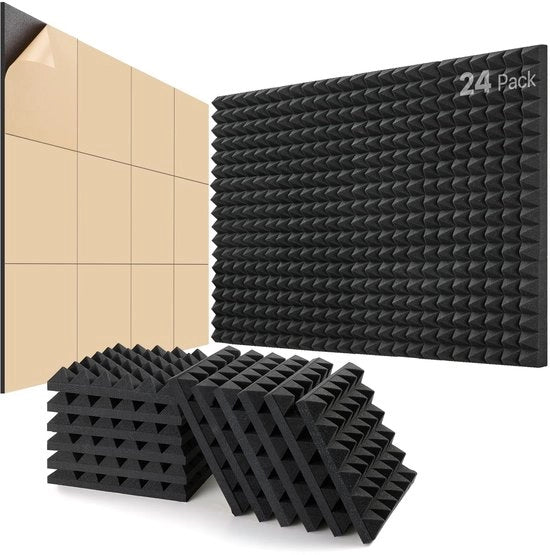 Pannelli assorbenti del suono - Schiuma acustica - Ideali per studio - Nero - Isolamento acustico - 24 pezzi - Adatti per gaming e podcast