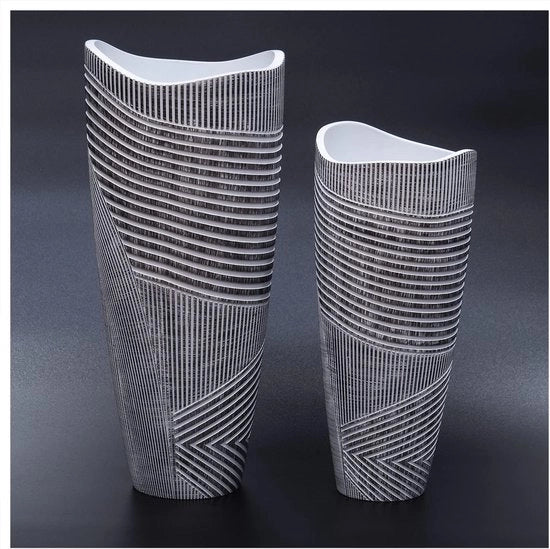 Set di Vasi, Set di 2 Vasi Bianchi e Neri con Linee, Decorazione per Salotto con Base Spessa, Vaso Artigianale in Resina per Ufficio e Matrimonio con Pampas, 28 cm & 23 cm Altezza.