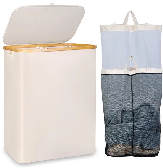 Asciugamano 150L XL con 2 Compartimenti, Maniglia in Bambù e Coperchio, Asciugamani, Asciugamani per Bagno, Camera da Letto, Bagno (Beige)