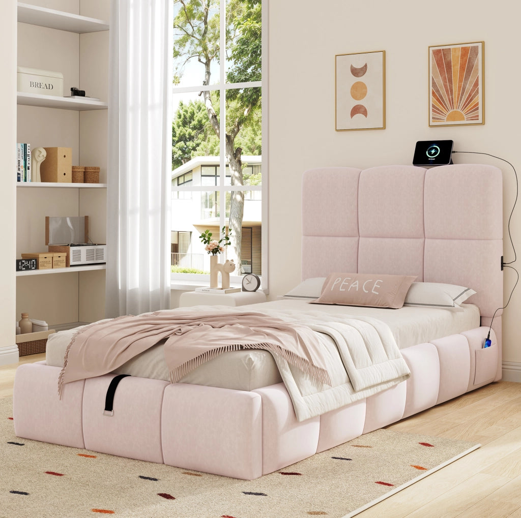 Letto singolo imbottito rosa 90 x 200 cm con vano e USB-C