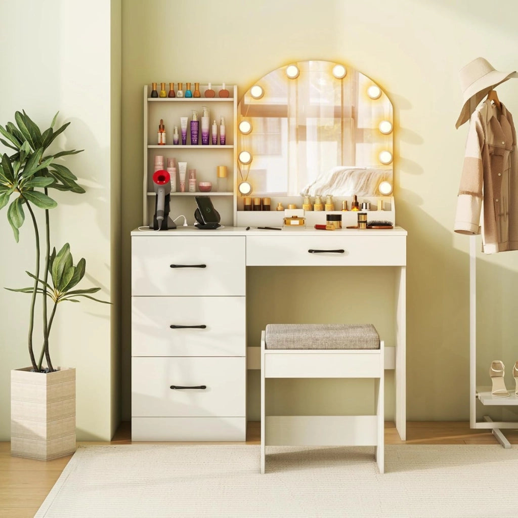 Scrivania da trucco con specchio e luci, Set tavolo da trucco e sgabello con stazione di ricarica Bianco