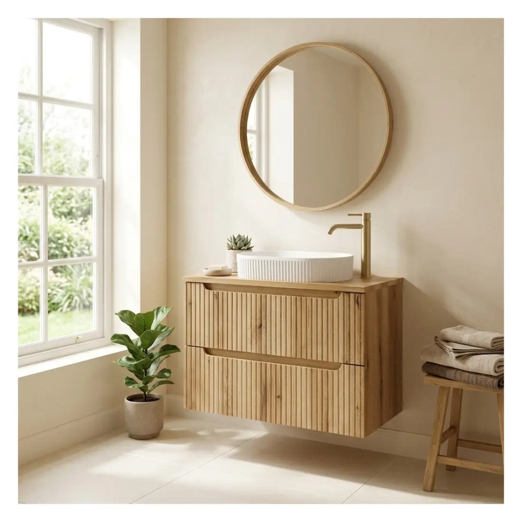 Set bagno VANO in rovere chiaro 80cm: mobile sottolavabo con cassetti e frontale scanalato + piano per lavabo