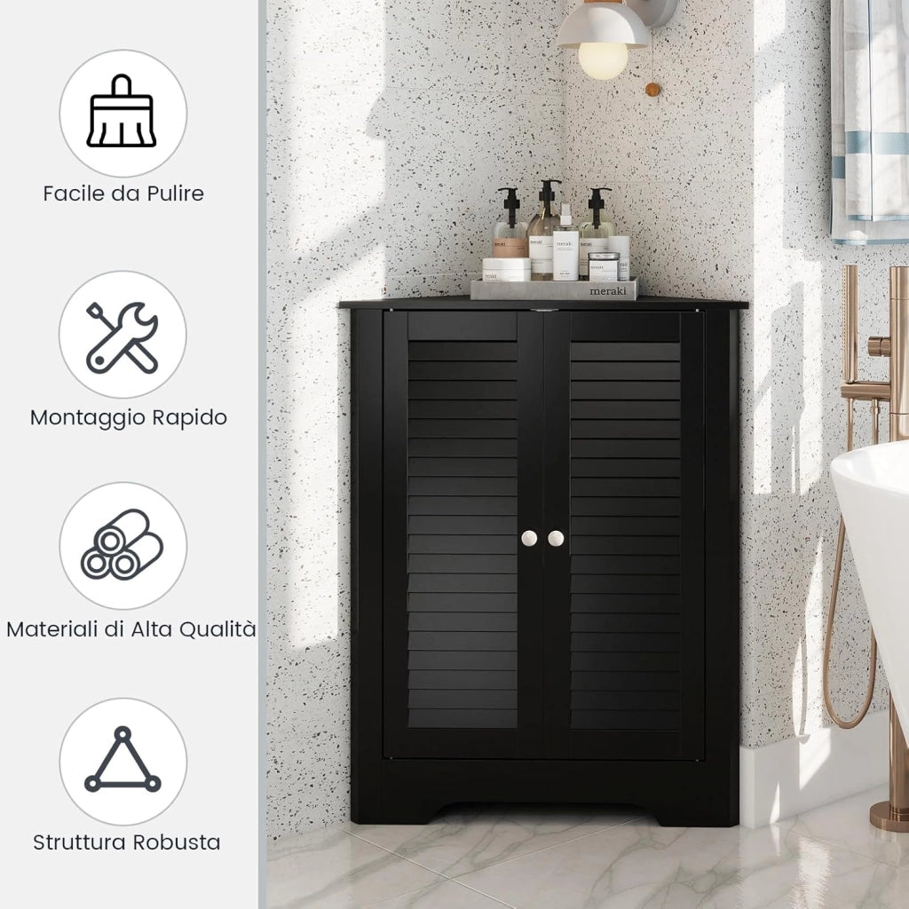 Mobile Angolare, Armadietto ad Angolo con 3 Livelli Ripiani, con 2 Ante e Ripiano Regolabile in Altezza, per Bagno, Ingresso, Soggiorno, Camera da Letto (Nero)