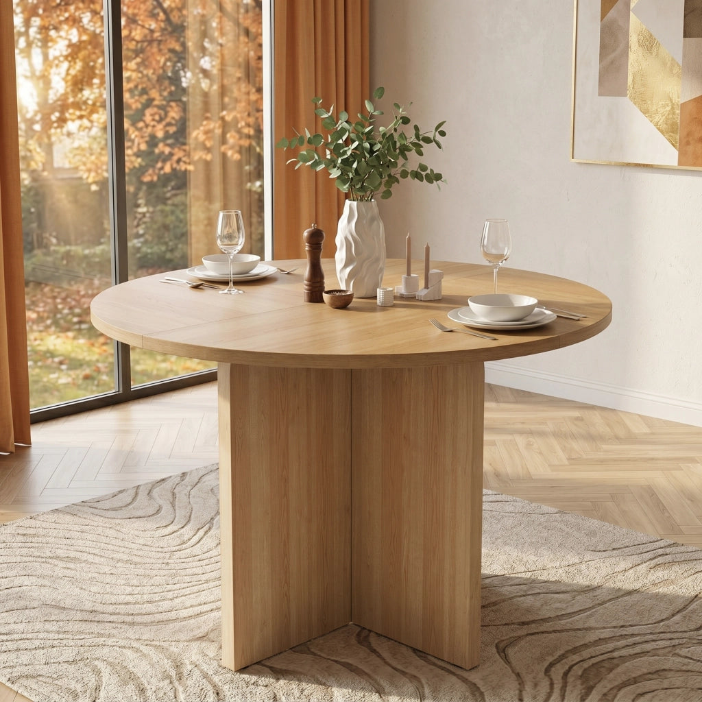 Tavolo rotondo da pranzo Ø120 cm in MDF effetto rovere, design scandinavo per 4-6 persone