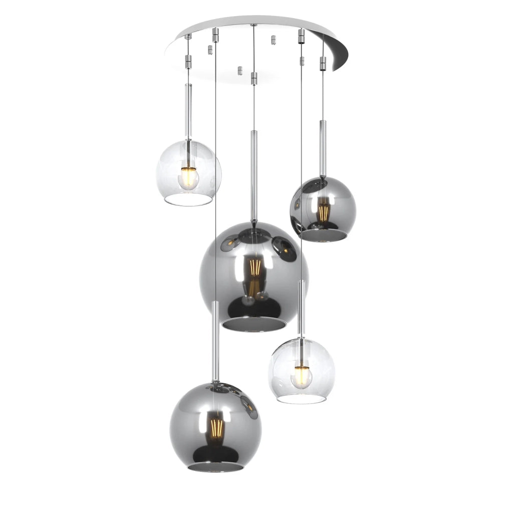 Lampadario Contemporaneo Future Metallo Cromo Vetro Mix Trasp-Cromo 5 Luci E27