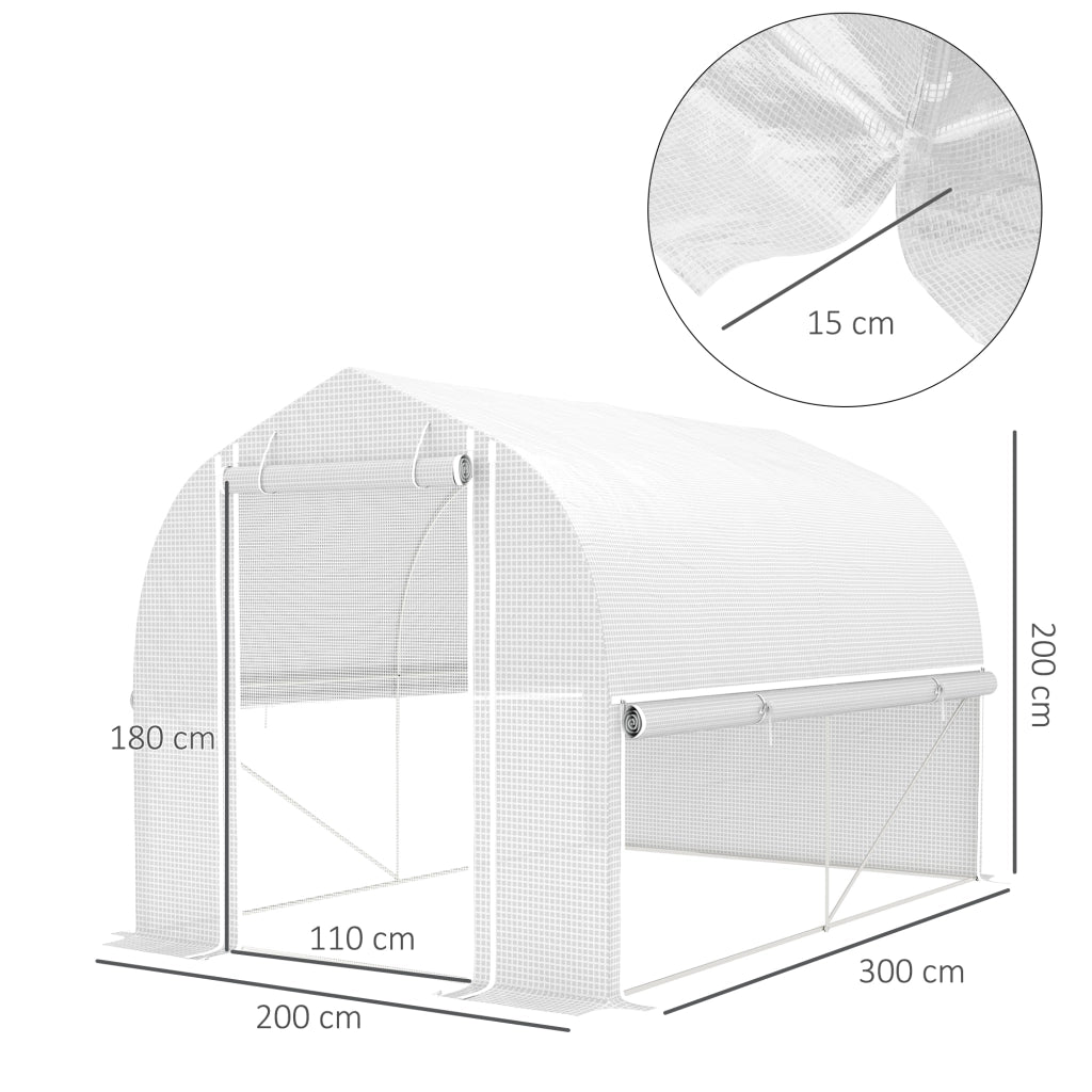 Serra da giardino con porta avvolgibile, finestre a rete e struttura in acciaio zincato, bianca