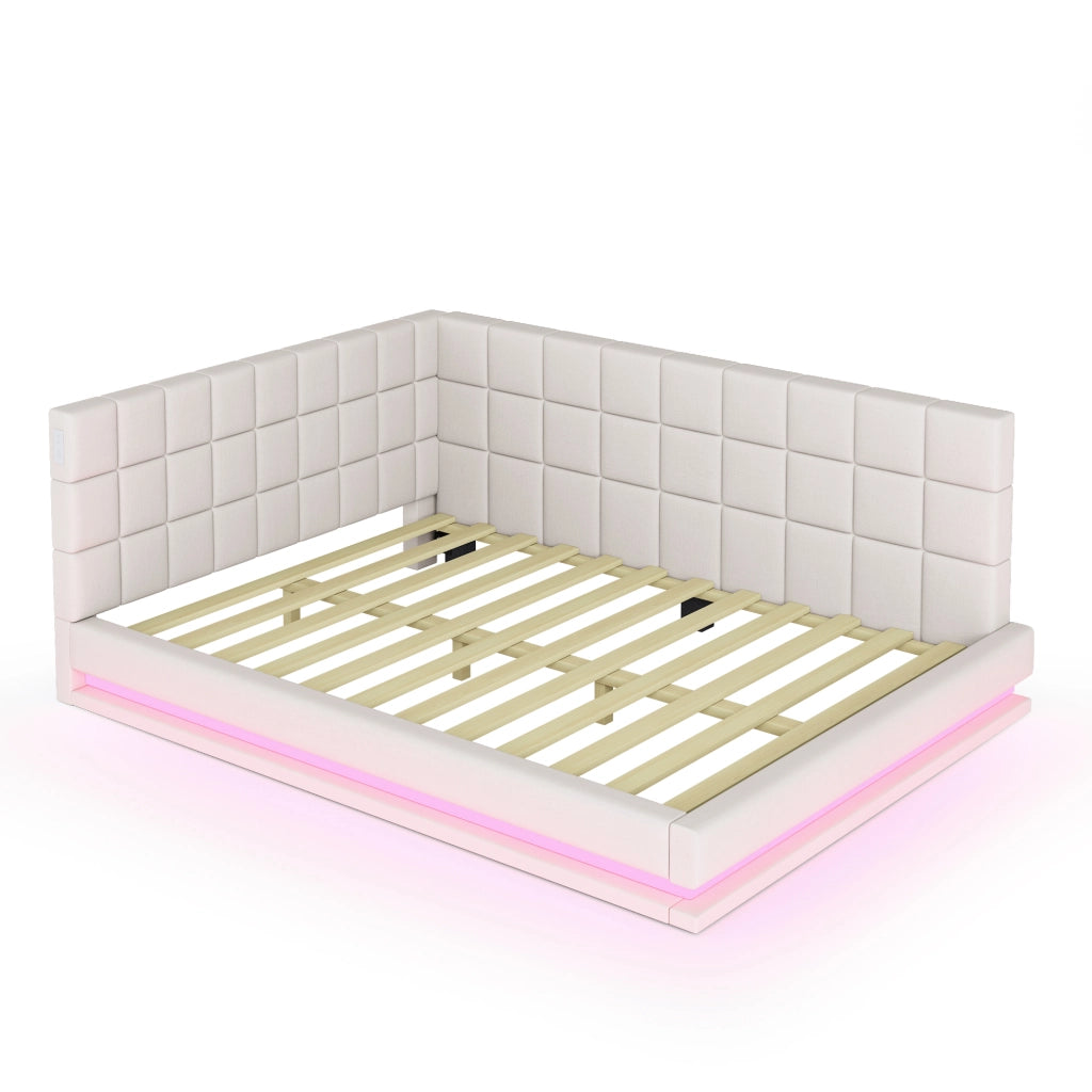 OKWISH Letto Divano 160×200 cm, Letto Matrimoniale con LED Multicolore, USB e Doghe, senza Materasso, in Tessuto Lino, Beige