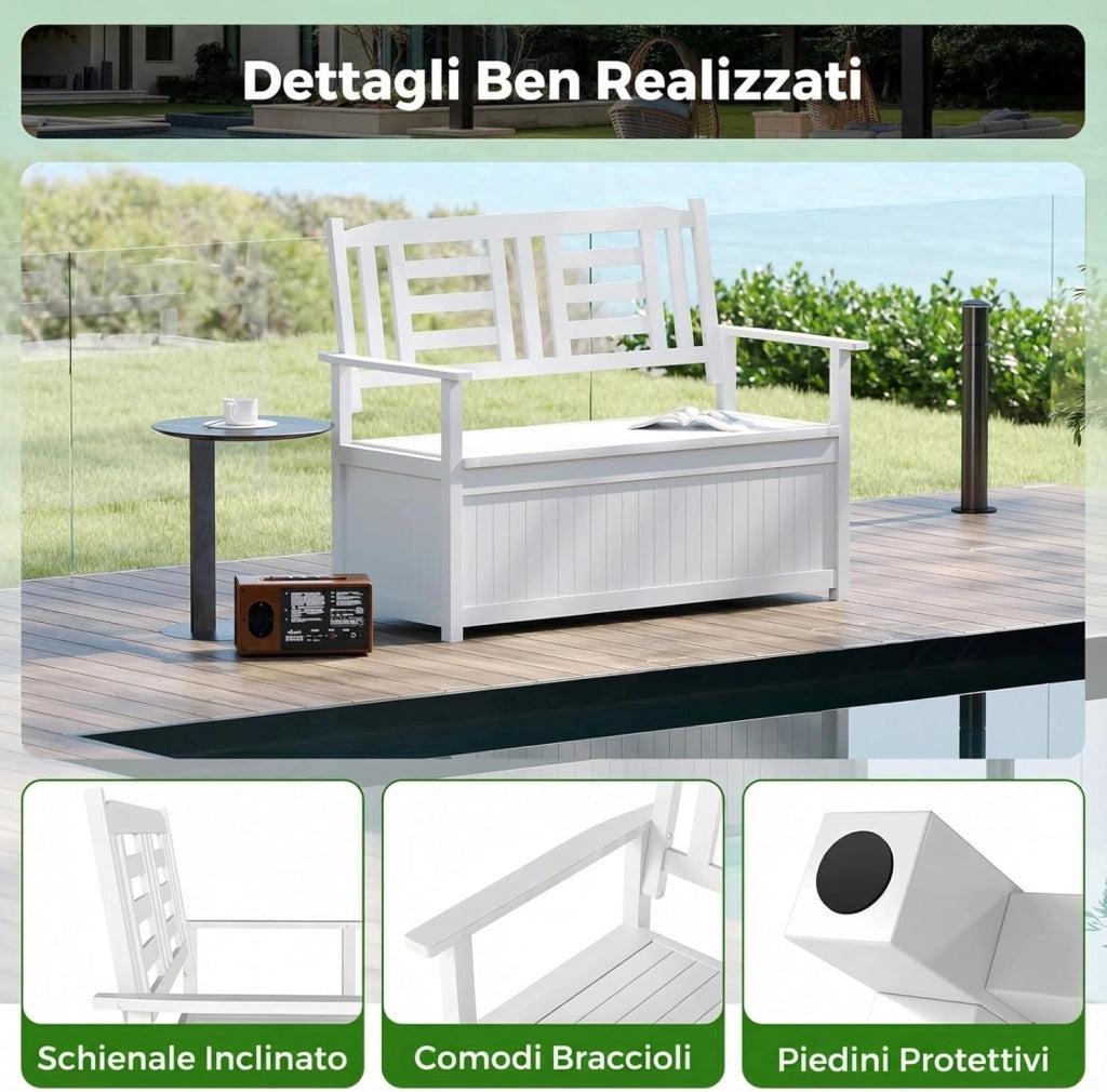 Panchina da Giardino con Contenitore di Legno, Cassapanca da Esterno 2 Posti con Schienale e Braccioli, Panca per Cortile e Ingresso, 123 x 68,5 x 96 cm (Bianco)