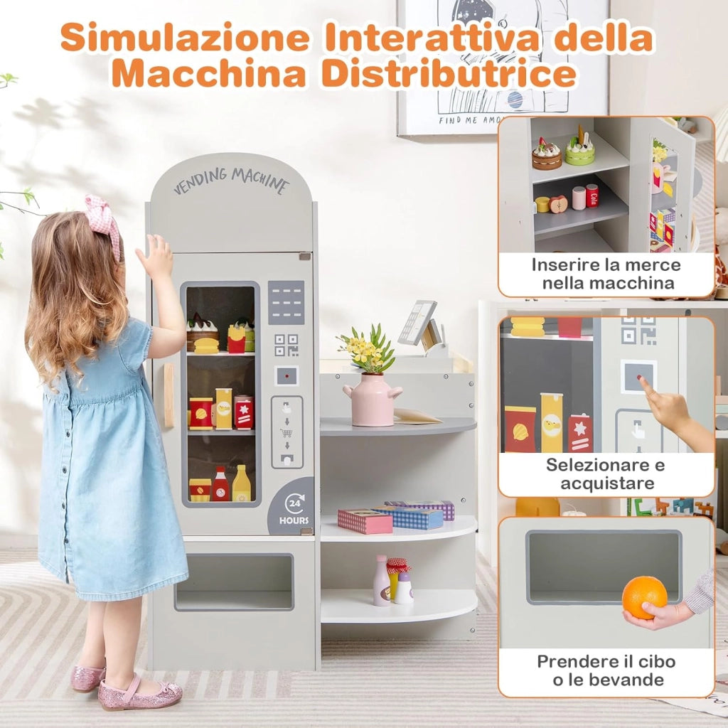 Negozio Alimentare per Bambini, Set di Giocattoli Supermercato in Legno con Cassa, Macchina POS, Distributore Automatico, Lavagna Scrivibile, per Bambini 3-8 Anni (Grigio)