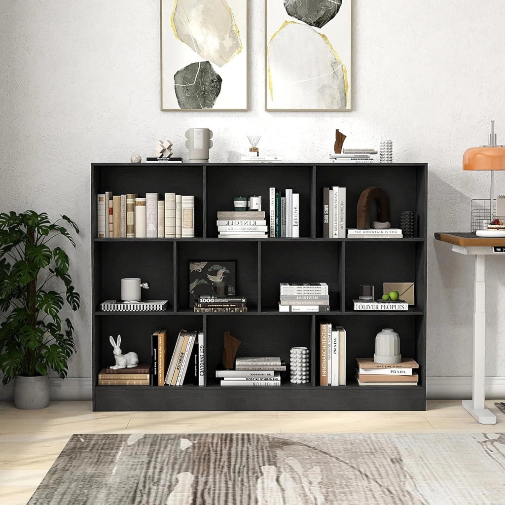 COSTWAT Libreria a 10 Cubi, Organizzatore di Stoccaggio a 3 Ripiani con 2 Kit Anti-Ribaltamento, Scaffale Multiuso in Legno per Soggiorno Camera da Letto Ufficio, 140x24x104 cm (Nero)