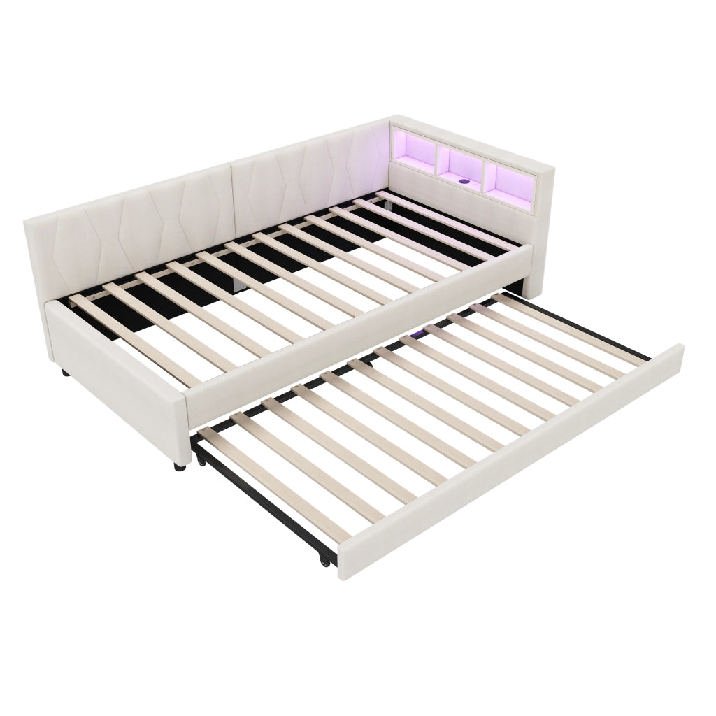 Letto estraibile singolo 90×200 cm con USB Type-C; LED e ripiani; con rete; senza materasso; lino; beige