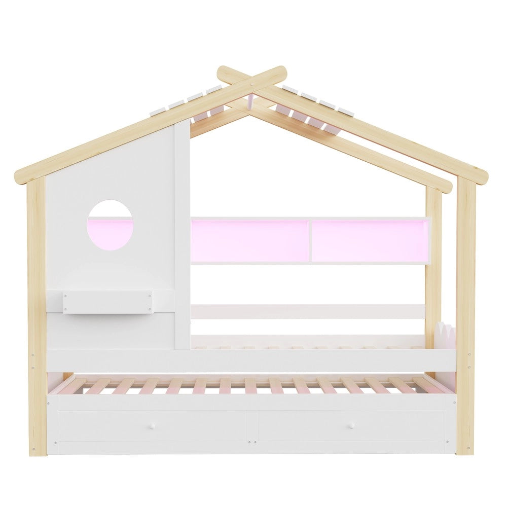 Letto Bambini a Casetta con Letto Estraibile ¨C Xylo ¨C Bianco, LED, USB, Cassetti, 90x200