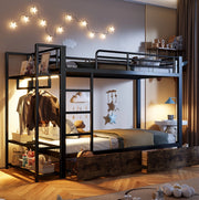 Letto a castello 90 x 200 cm in metallo nero con LED, cassetti, ripiani e stendibiancheria