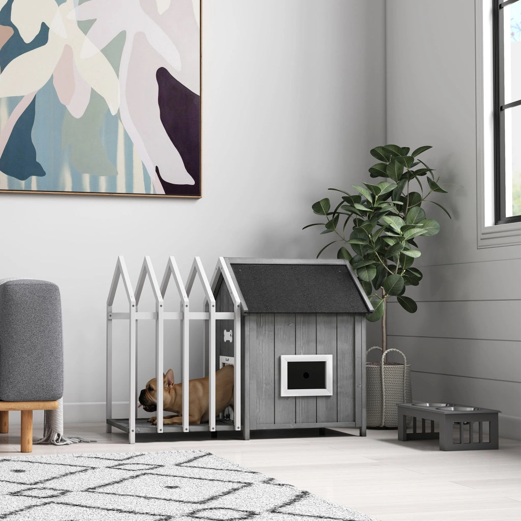 Casetta per cani esterno in legno con terrazza e porta a lamelle ¨C zephmum ¨C 106x62.5x80.5 cm grigio