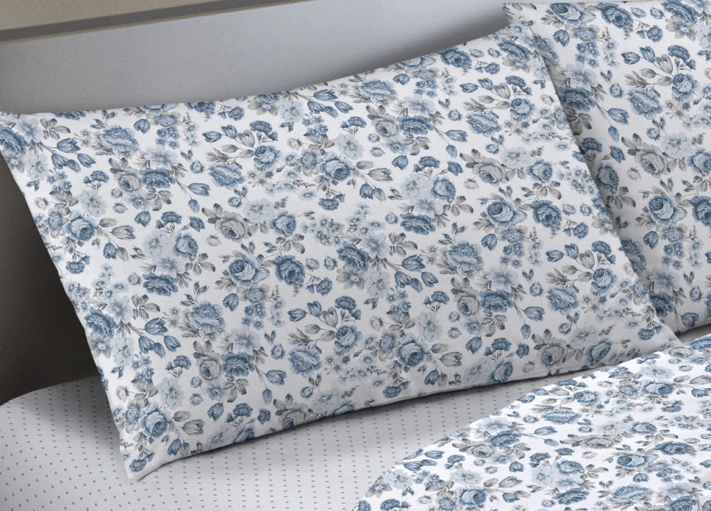 Completo Lenzuola Letto Camera In 100% Cotone Made Italy Vari Disegni RP - 2 Piazze - Susan Azzurro