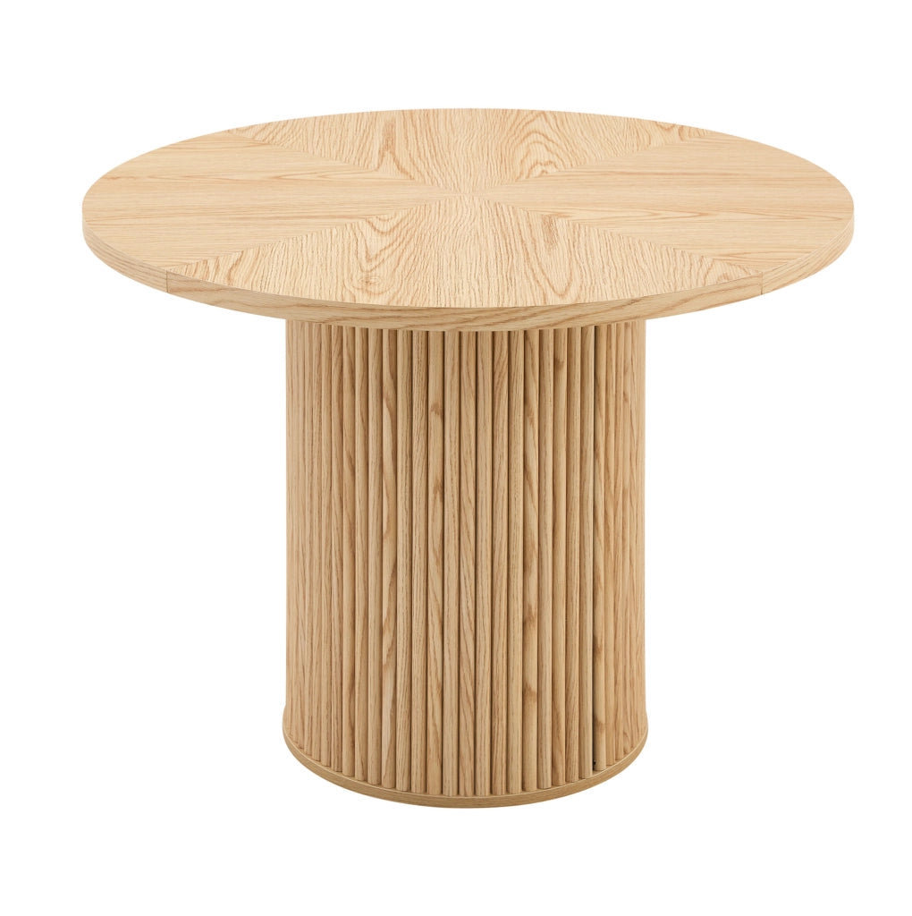 Tavolo da pranzo rotondo 100 cm con vano contenitore; MDF e metallo; effetto legno naturale