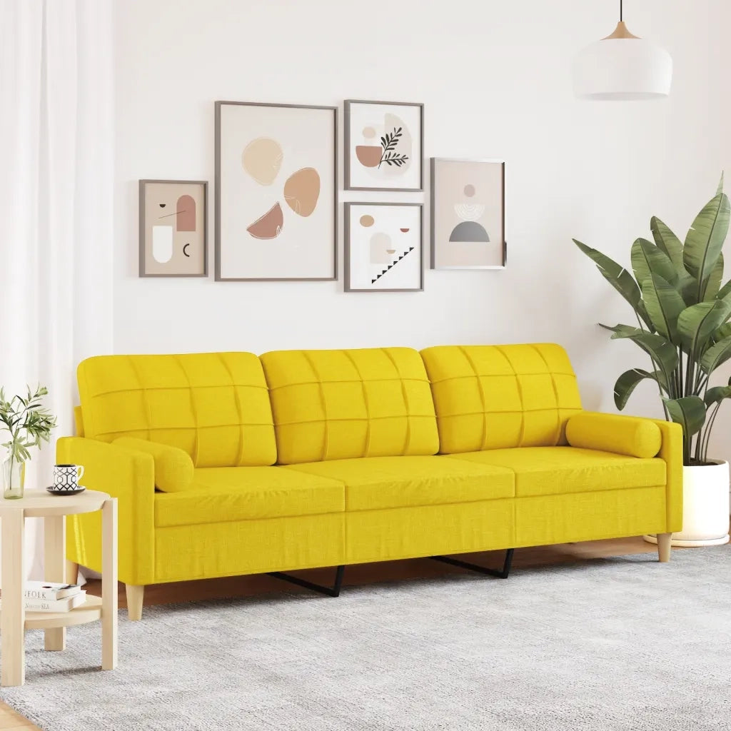 Divano a 3 Posti con Cuscini Giallo Chiaro 210 cm in Tessuto