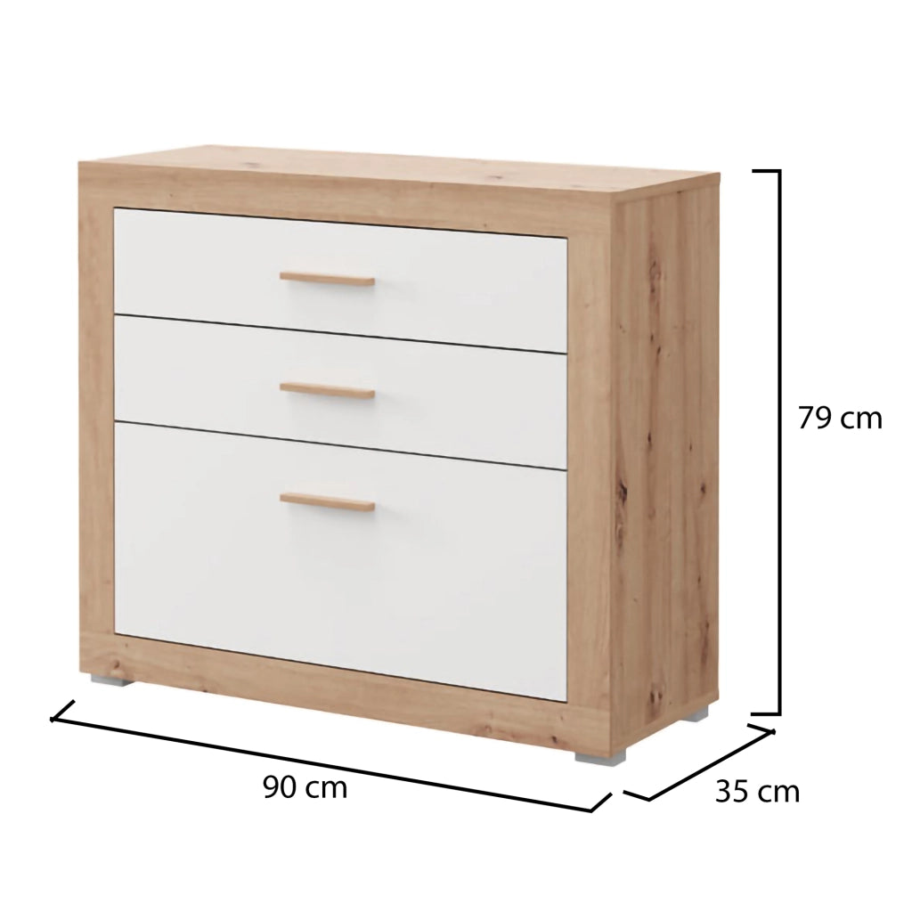 Hampi, Cassettiera 3 Cassetti, 90x35x79h cm Bianco