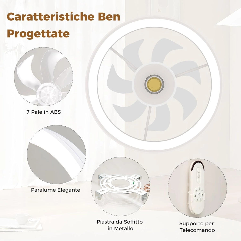 Ventilatore da Soffitto con Luce e Telecomando, Lampadario con Ventilatore con LED Dimmerabile, 6 Velocità Della Ventola e Timer, Plafoniera con Ventilatore per Soggiorno, 48 x 48 x 13 cm