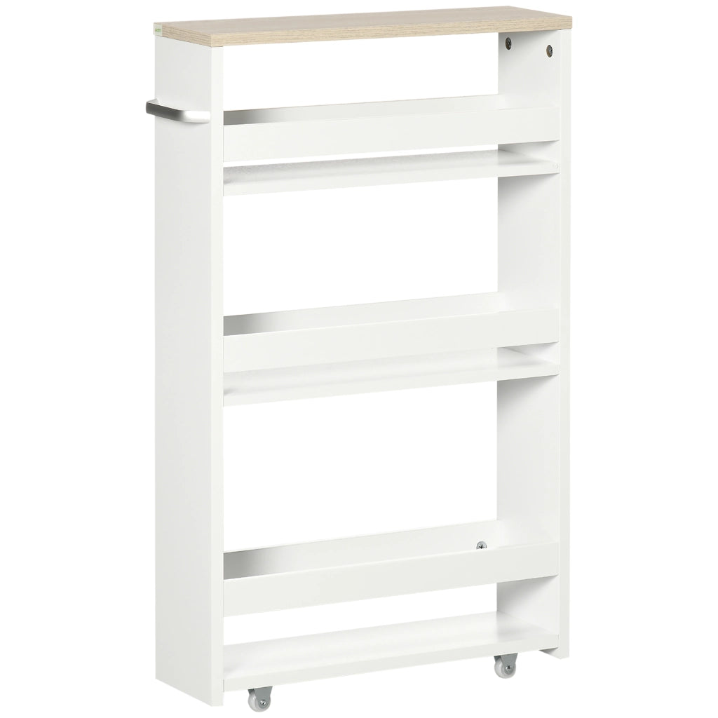 Carrello Bagno Salvaspazio a 3 Ripiani con Rotelle e Maniglia in Legno, 48x15x80cm, Bianco