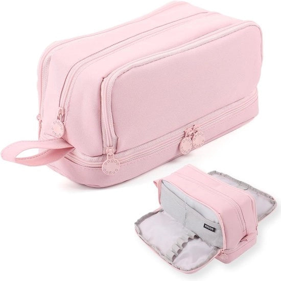 Etui tridimensionale con grande capacità per 3 compartimenti, adatto a studenti, adulti e donne, per uso scolastico e ufficio, in pelle rossa, con contenitore per makeup.