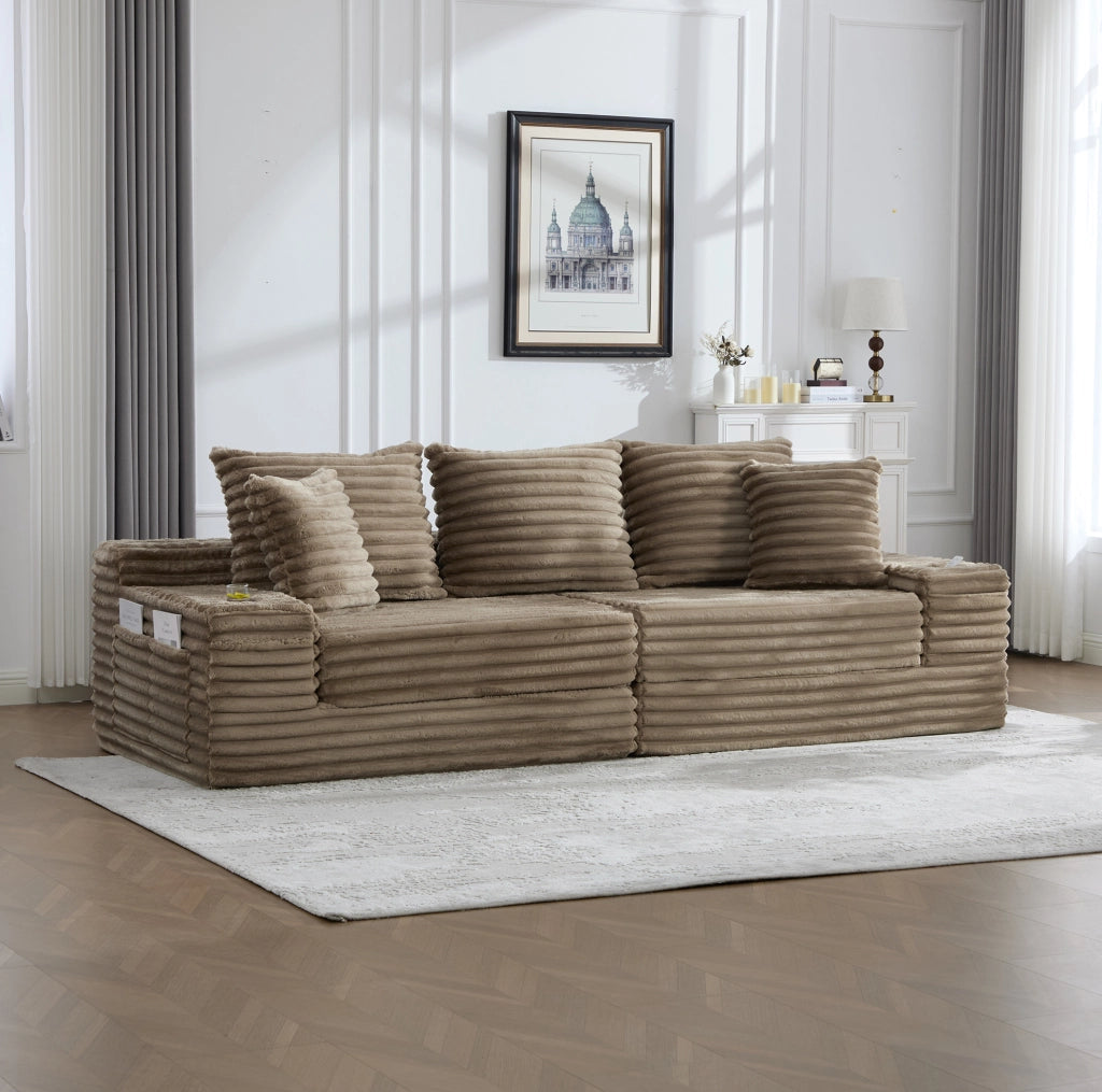 Divano letto modulare in velluto a coste kaki con tasche