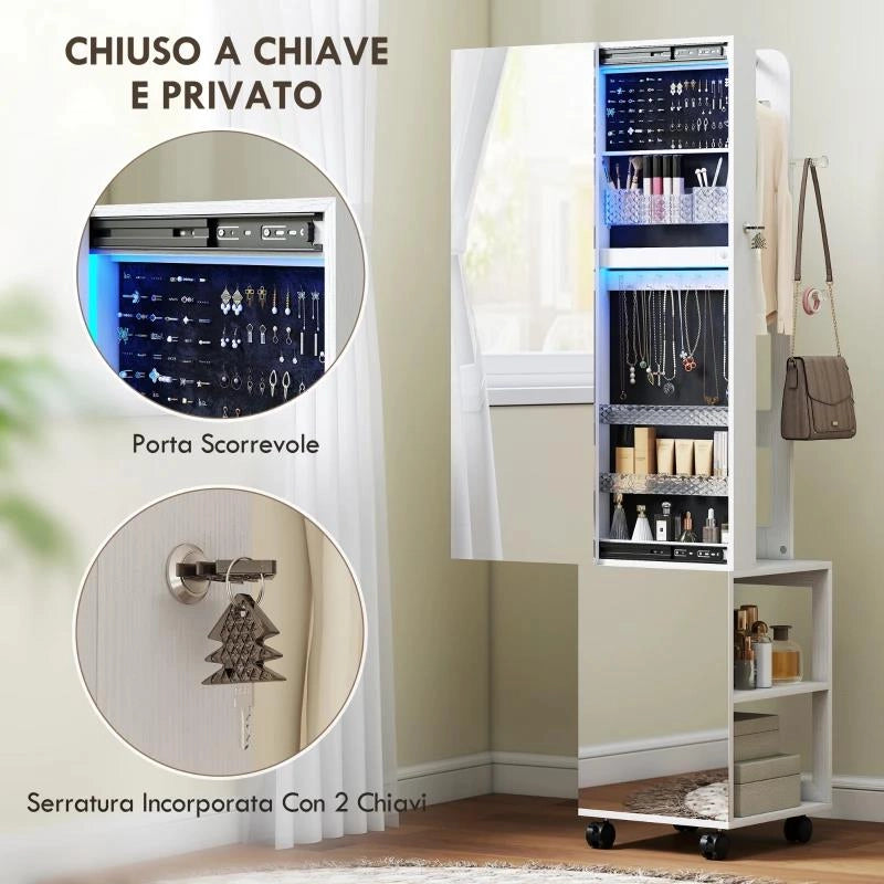 ARMADIO PORTAGIOIE CON SPECCHIERA GIREVOLE A 360¦, LUCE LED REGOLABILE, SERRATURA E RIPIANI, 37X40X165.5 CM