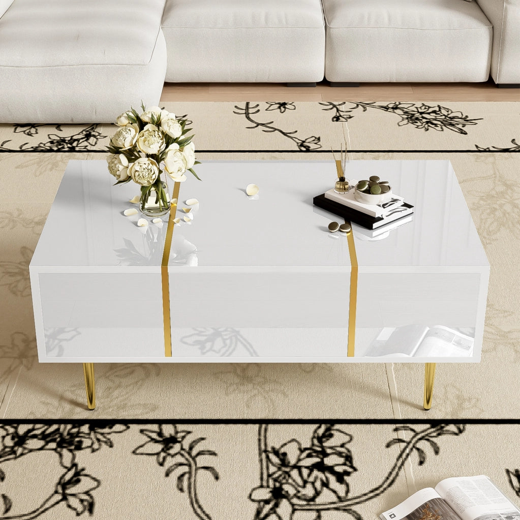 Tavolino da caffè moderno bianco lucido 100 x 60 x 41;5 cm in MDF con 2 cassetti